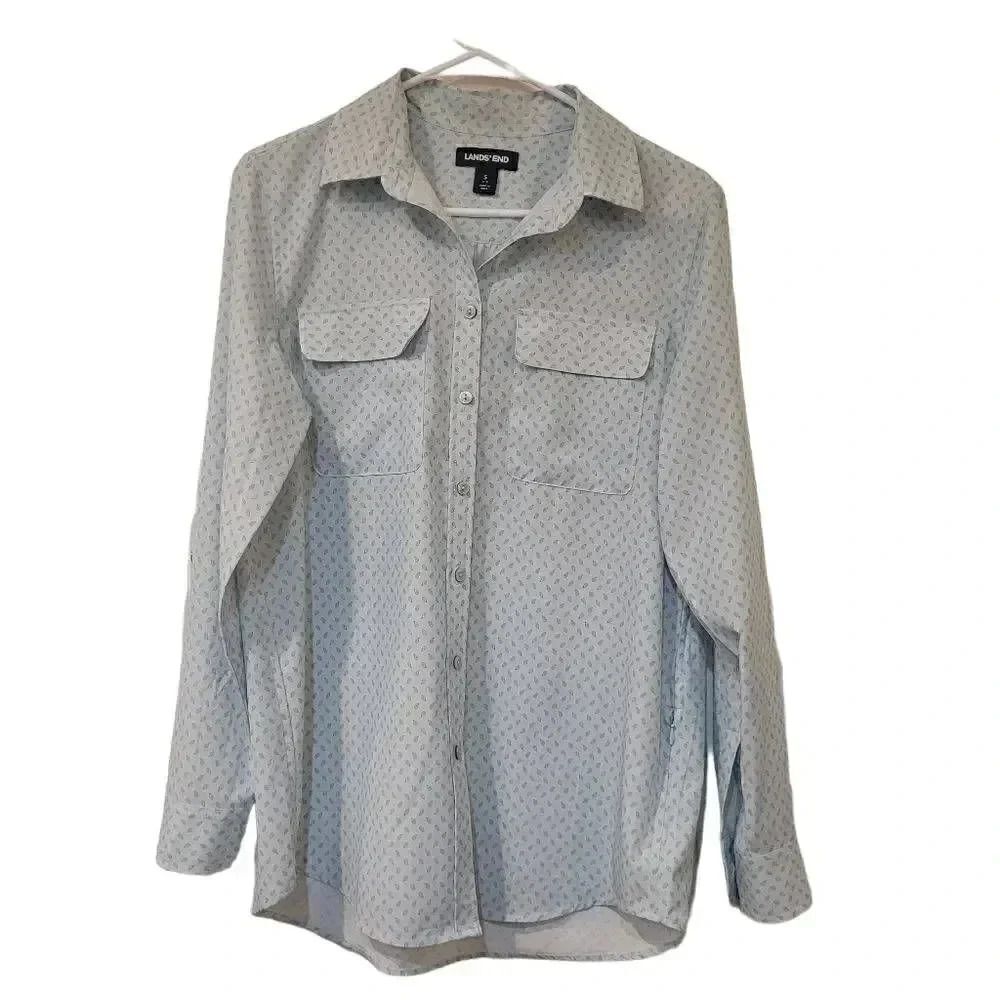𝅺Lands' End Women's Baby Blue w Mini Tan Paisleys Button Down Long Sleeve Shirt
